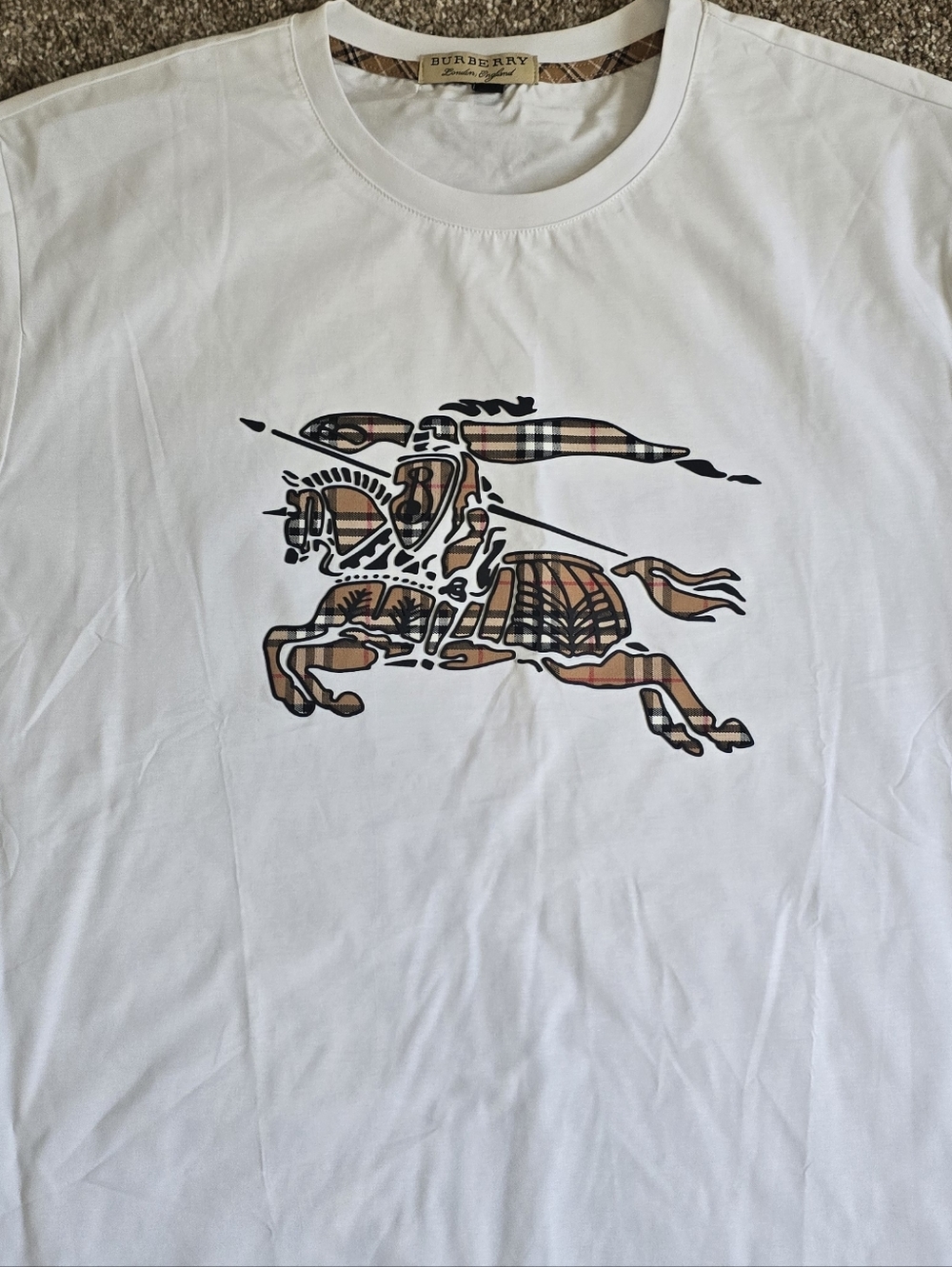 Burberry White Tee with Beige and Black Equestrian Plaid Motif